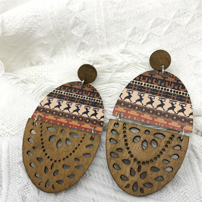 Wholesale Retro Exaggerated Wood Print Hollow Earrings